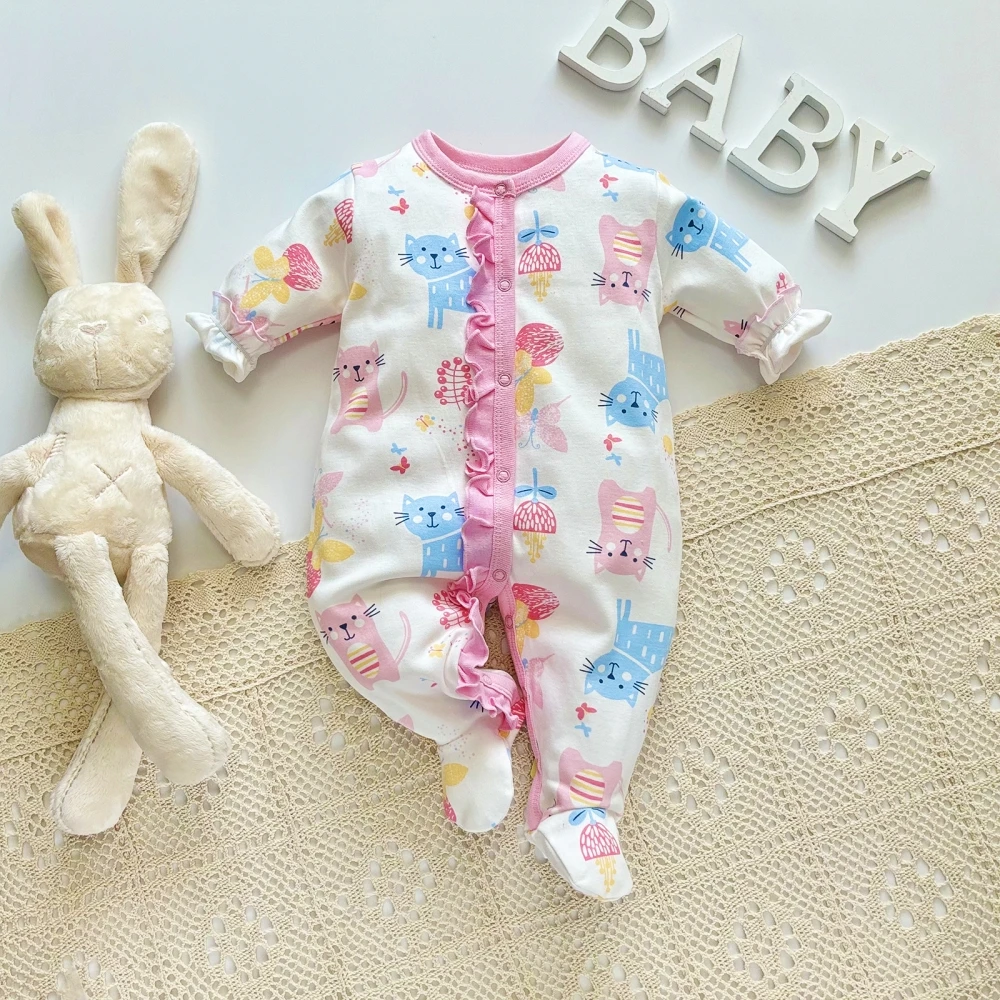 Newborn onesies soft romper cotton autumn long sleeve baby girl clothes Cartoon cat print infant bodysuit 0 to 12 Month jumpsuit