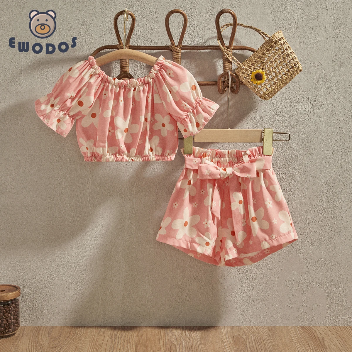 

EWODOS Toddler Kids Girls Summer Shorts Set Floral Print Off Shoulder Blouses Tops Elastic Waist Shorts with Bow Tie-Up Belts