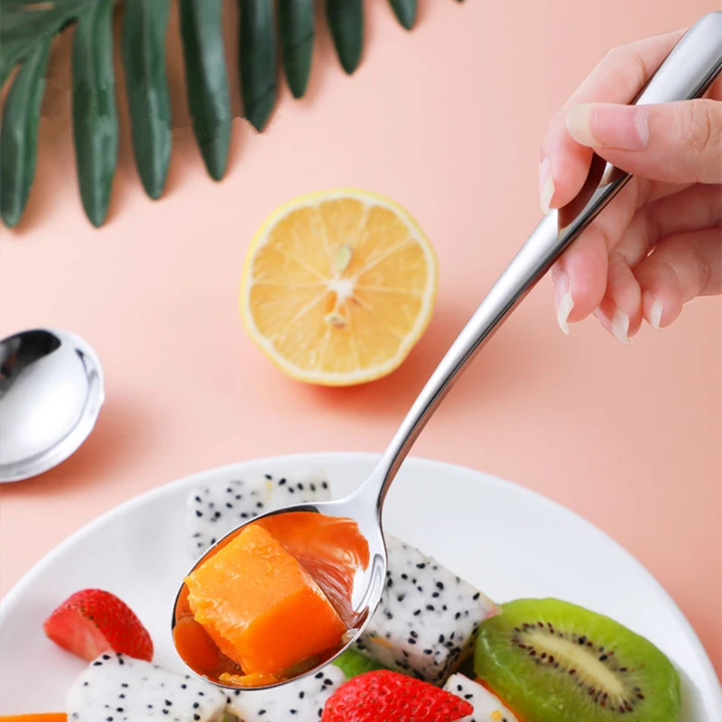 Stainless Steel Spoon 2 Sizes Long Handle Ramen Spoon Soup Ladle Stainless Steel Tableware Children's Ice Cream Teaspoons Korean Cutlery Tablespoon