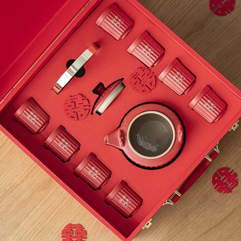 Gift for Newlyweds, Chinese Wedding Tea Set, Red Enamel Double Happiness Cups, High End Bride Dowry Gift for Best Friend, Couple