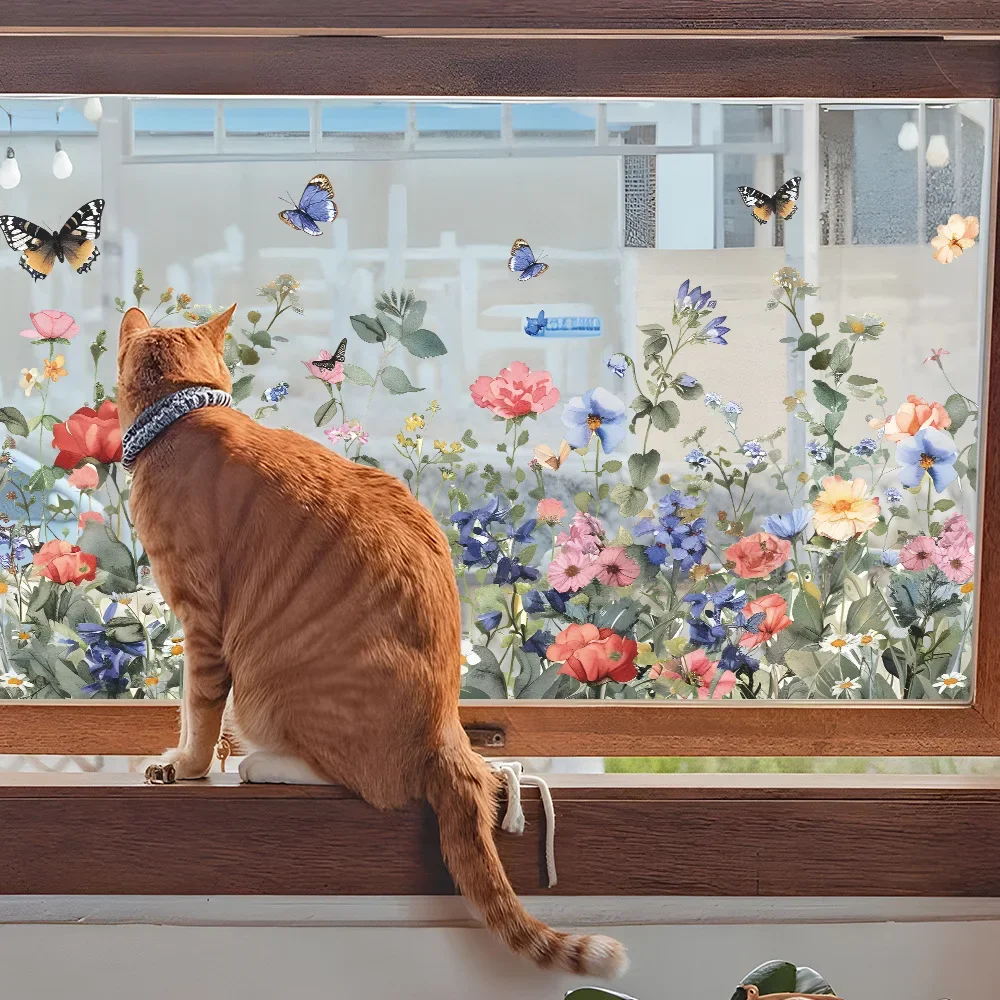 Colorful Plant Flowers Butterfly Glass Window Home Landscaping Decoration Electrostatic Uv Window Stickers 1PCS window stickers