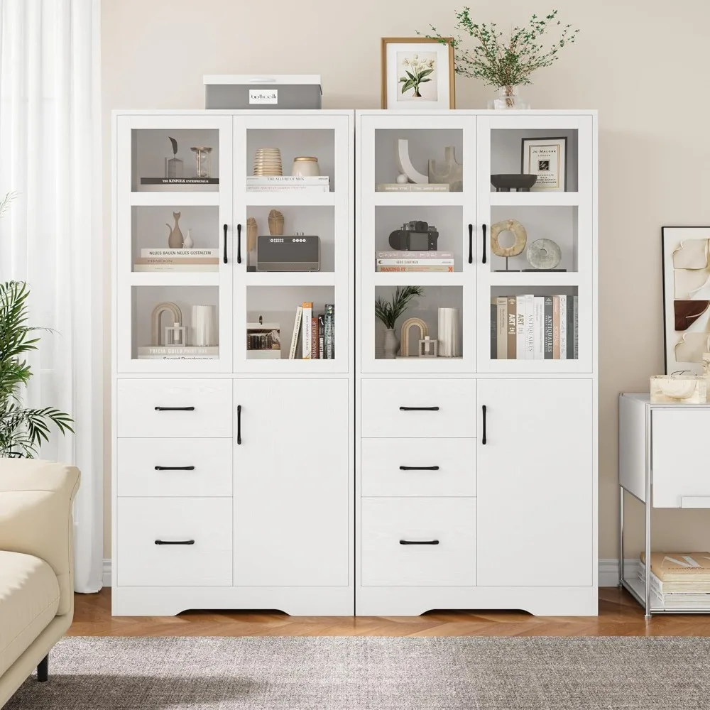 Modern standalone tall bathroom storage cabinet with 2 glass display doors, shelves and drawers, 67 inch H-height cabinet