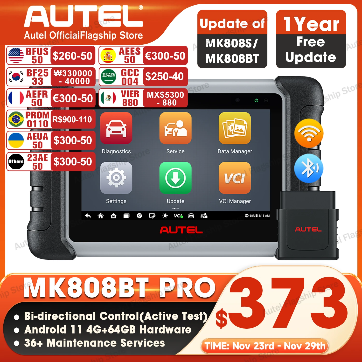 Autel maxicom mk808bt pro car bi directional diagnostic tools obd2