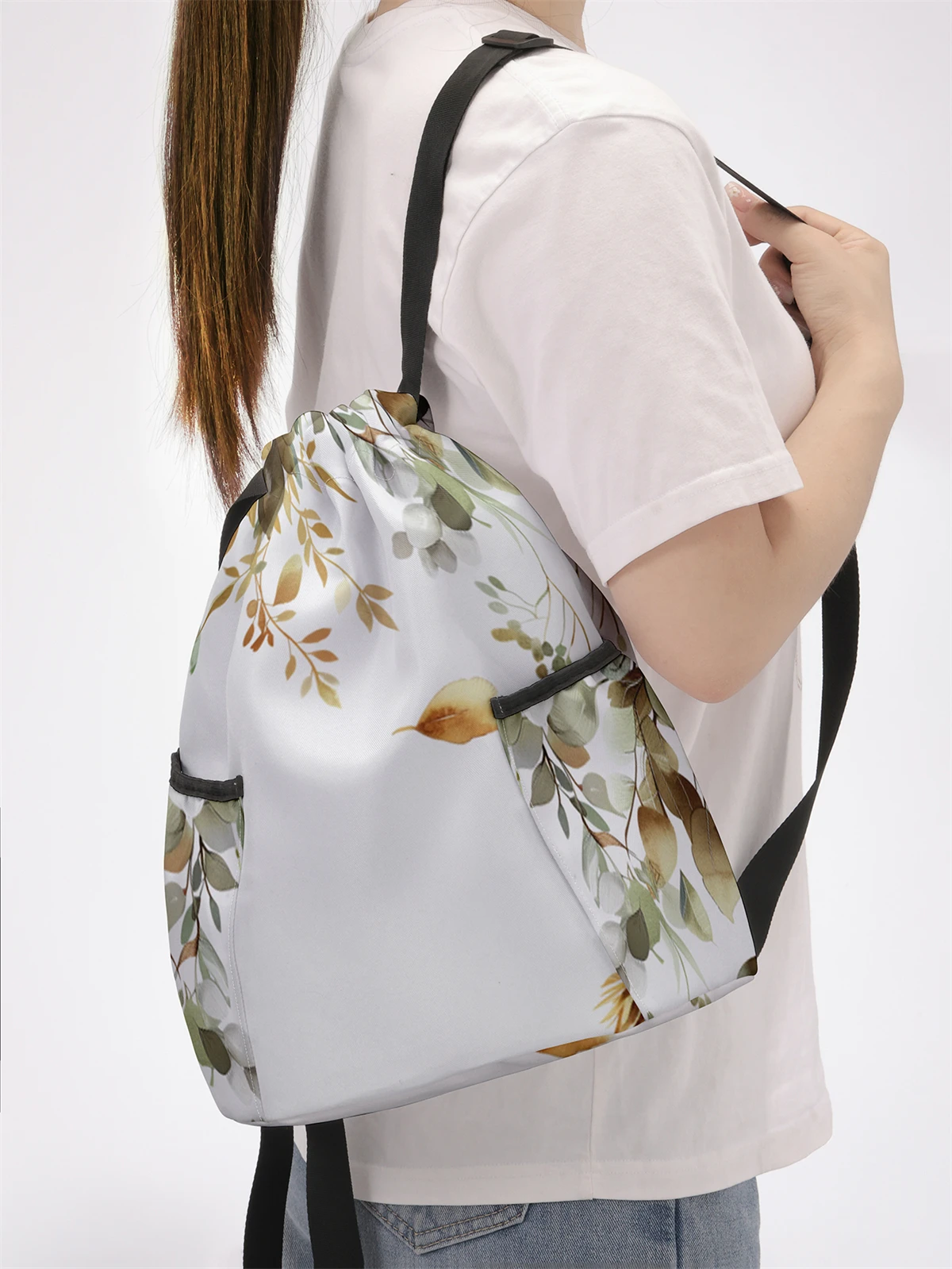 Leaf Pattern Drawstring Backpack - Large Capacity Durable Fitness Bag, Adjustable Shoulder Straps, Sports Beach Backpack