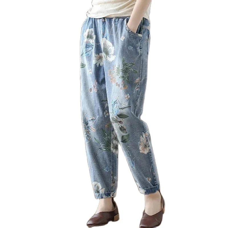 

2022 Summer New Retro Fashion Printed Jeans Women Thin Loose Fashion Elastic Waist Harem Pants Female Calf-Length Denim Pants