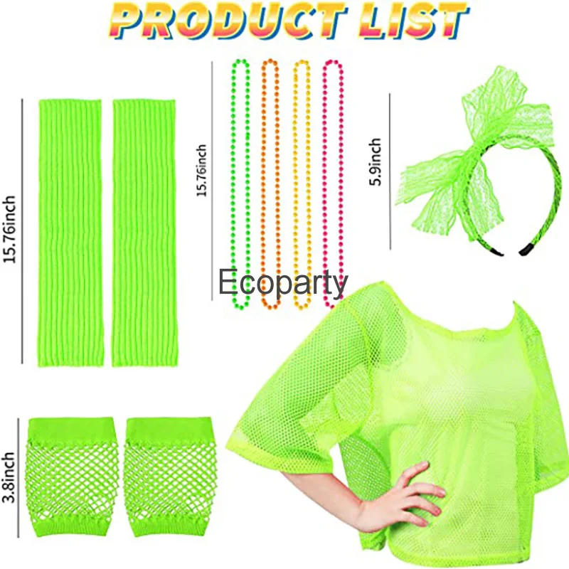 New 1980s Prom Costume Retro Women Retro Neon Mesh T-Shirt Gloves Headband Necklace Set Fancy 80s Party Dress Up Accessories