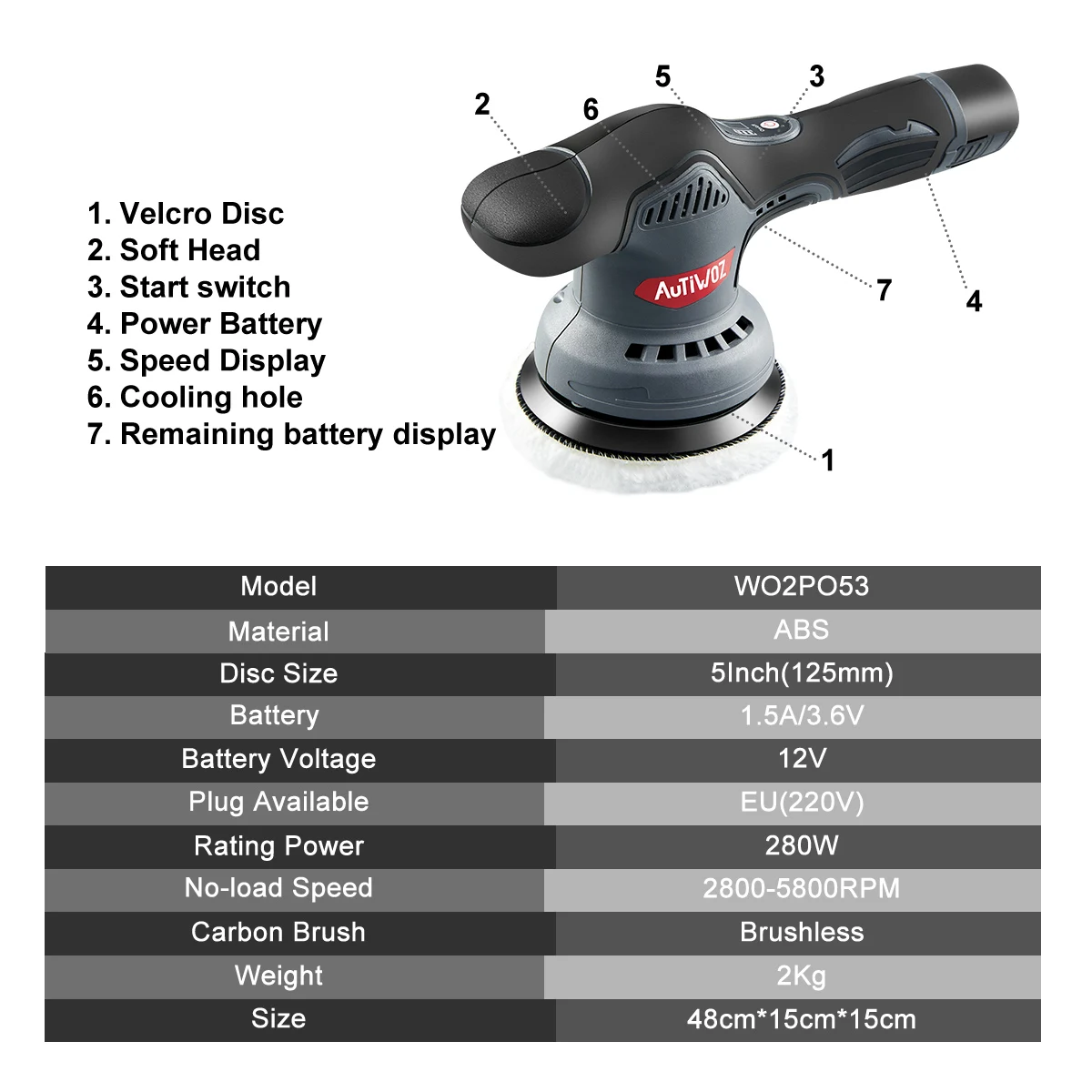 AUTIWOZ 자동차 무선 광택기 차량용 듀얼 폴리셔 폴리싱, 12V 리튬 배터리 40분, 5800rpm
