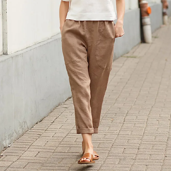 Large Size Women's Nine Minutes Casual Pants Spring and Autumn New Linen-cotton Loose Thin Straight Tube Thin Radish Haren Pants
