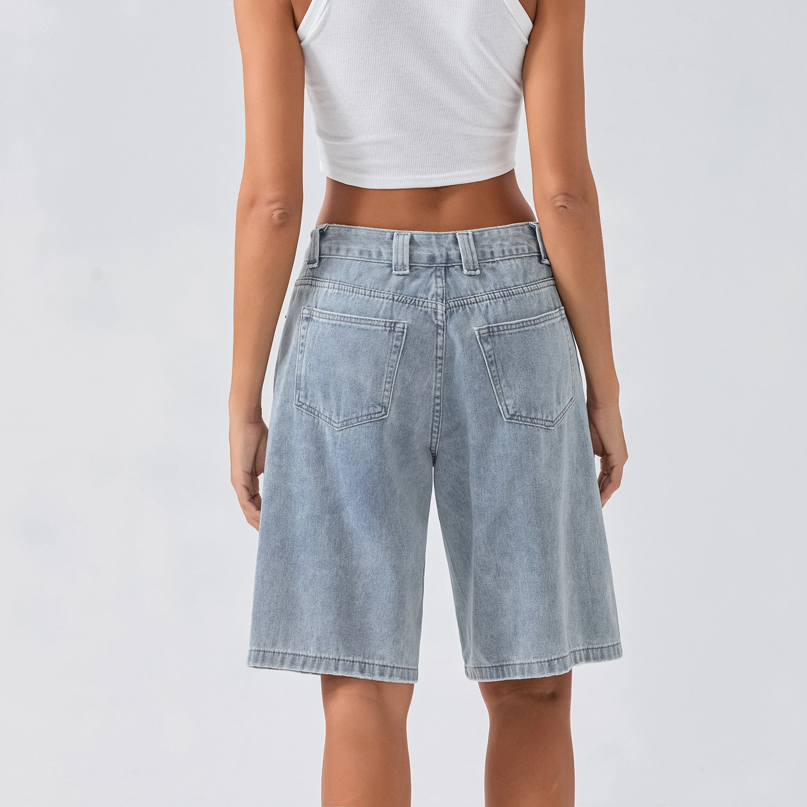New Fashion Womens Knee Length Denim Shorts Loose Solid Color Low Rise Wide Leg Long Shorts With Pockets For Summer S-2XL
