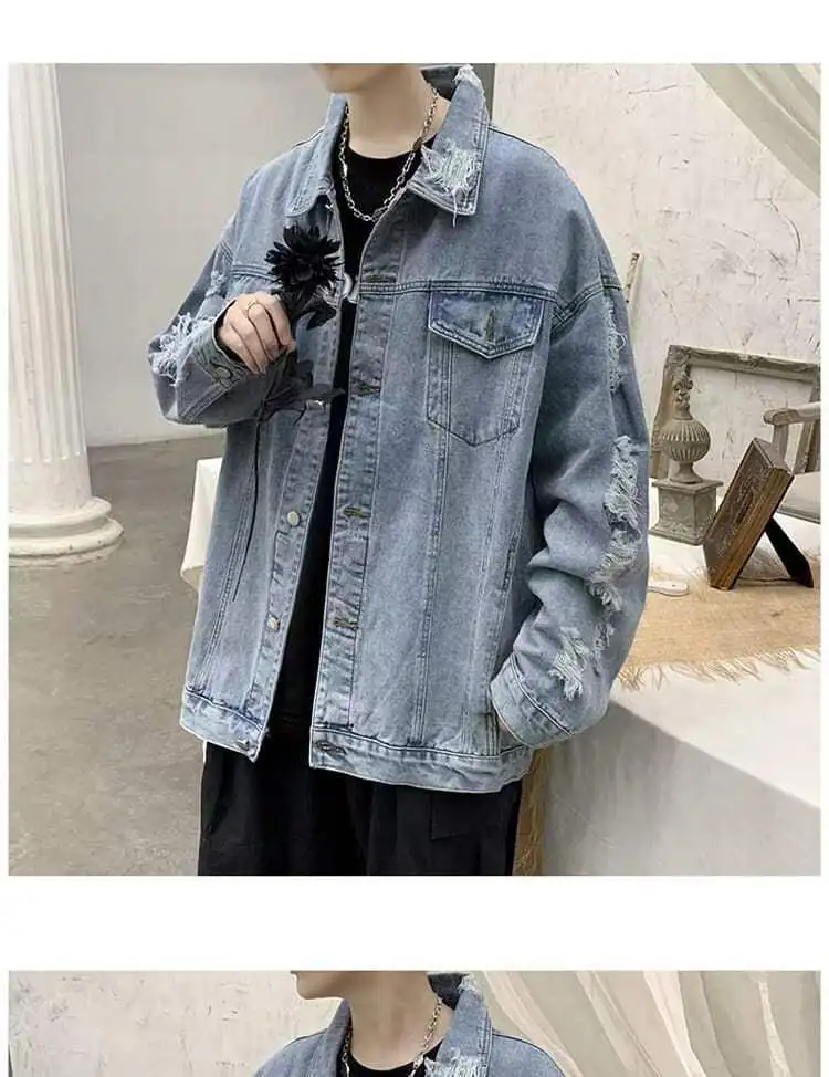 Spring Autumn Ripped Denim Jackets Men's Causal Loose Oversize Handsome High Street Overcoat Men Tops Male Clothes