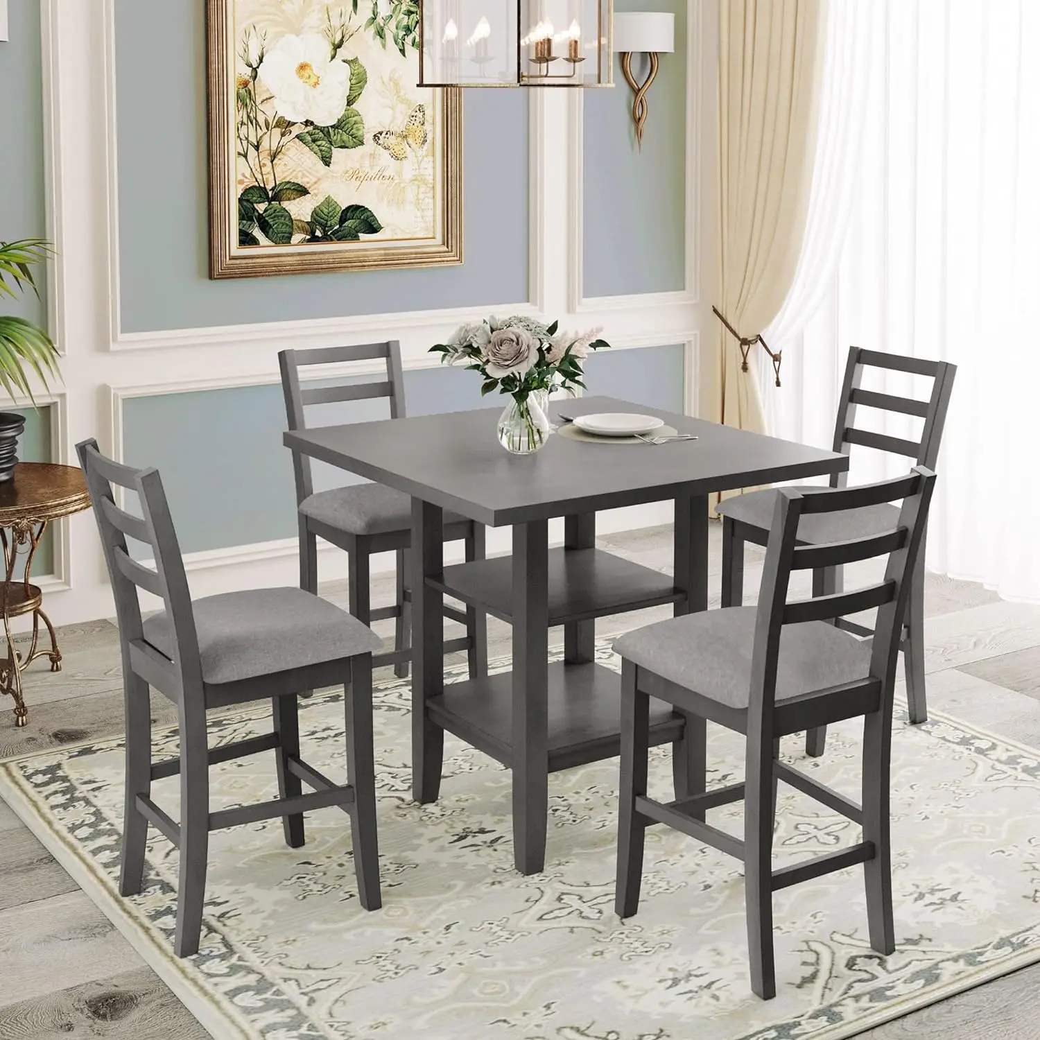 

5 Piece Wooden Counter Height Set, Includes 1 Table, 4, Padded Chairs and Storage Shelving, for Dining, Living Room, Kitchen