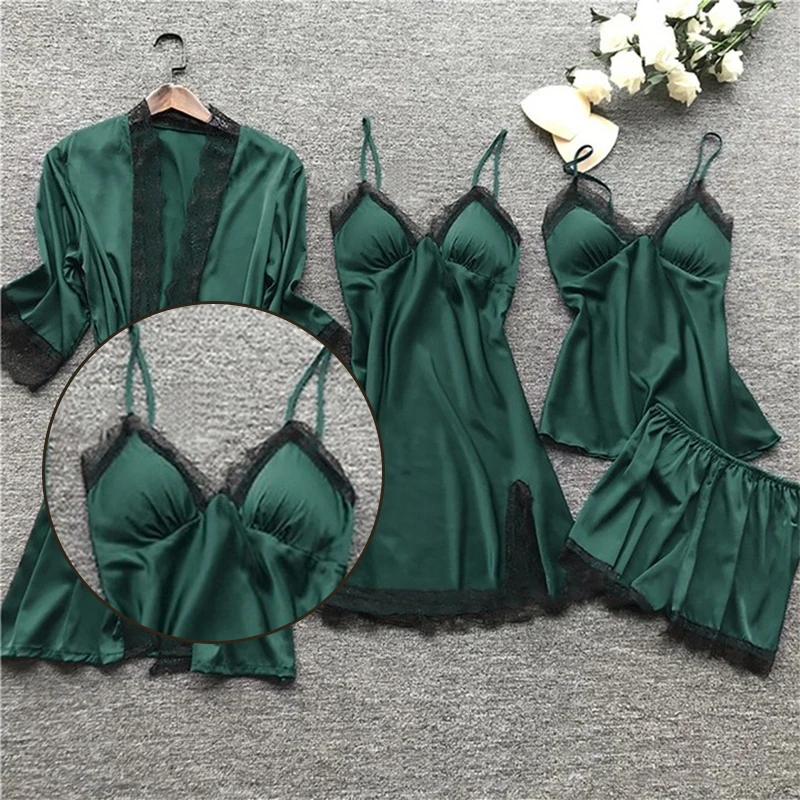 Women pajamas set 4 Pieces Sexy Lace Fashion V-Neck Gown Comfort With Chest Pads Nightdress Casual Loungew