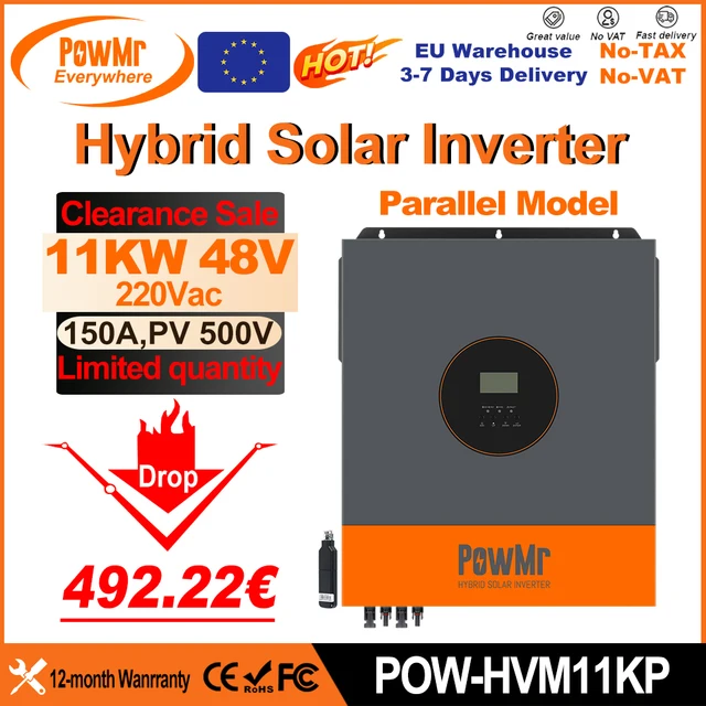 Onduleur solaire hybride PowMr EU 11KW 48V 220V à onde sinusoïdale pure avec contrôleur solaire MPPT 150A et double entrée PV pour panneaux 500V avec WIFI 1