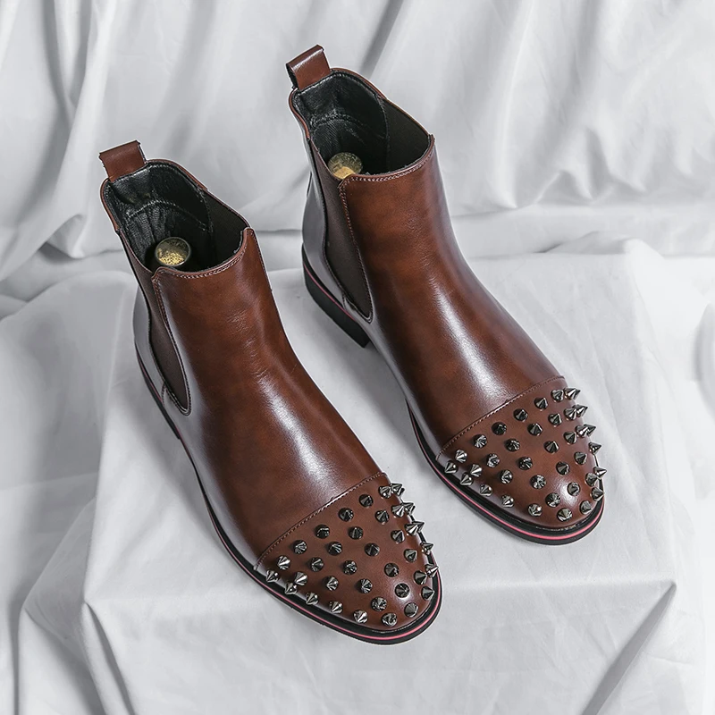 Rivets Safety Work Shoes For Men Chelsea Steel Head Leather Boots Male Fashion Ankle Boots Grace Cowboy Pointed Horse Boot Men chelsea boots Men leather shoes