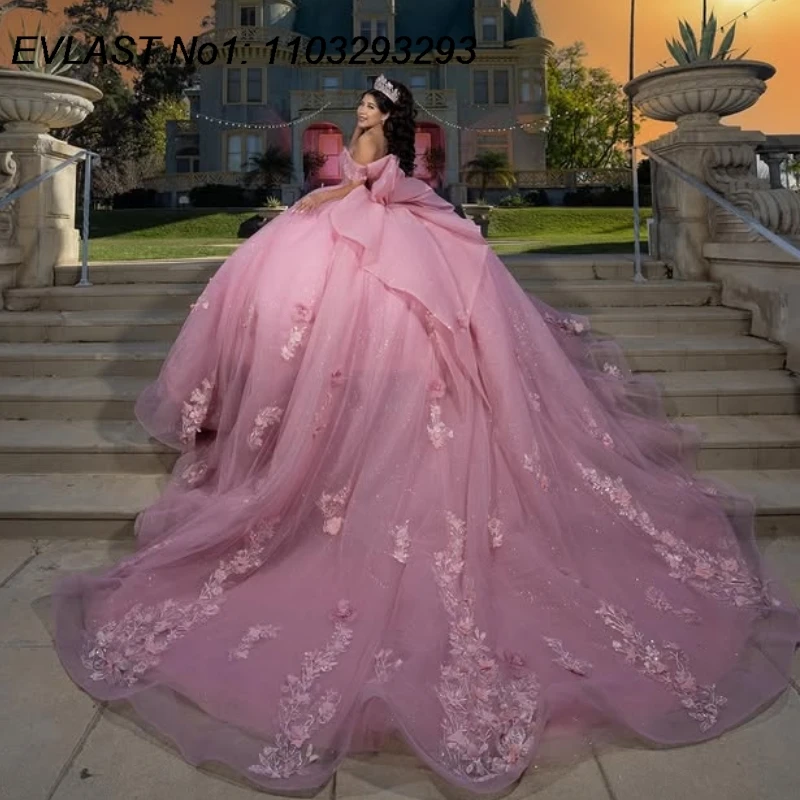 Pink Flowers Ball Gown Quinceanera Dress Applique Beading Bow Corset Sweet 16 E1Q591