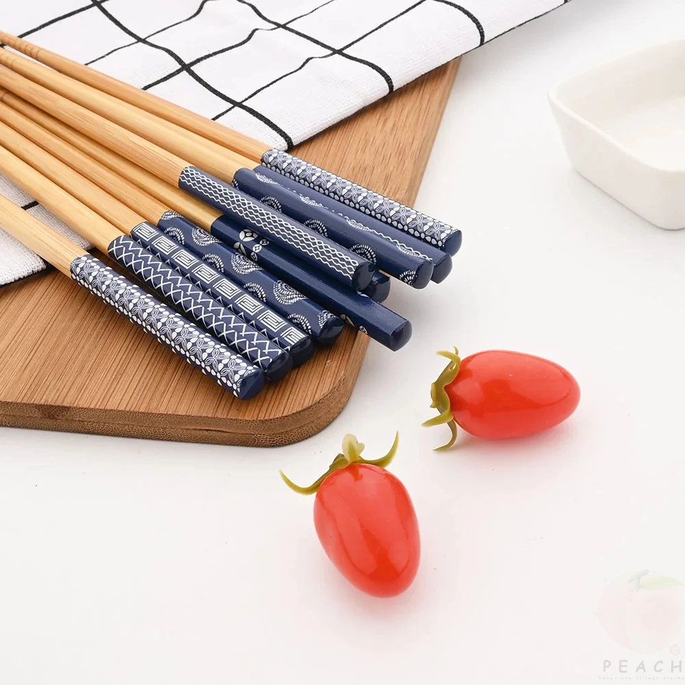 Wooden Chopsticks Reusable 5Pairs Handmade Bamboo Japanese Natural Sushi Food Cat Flower Multi Color