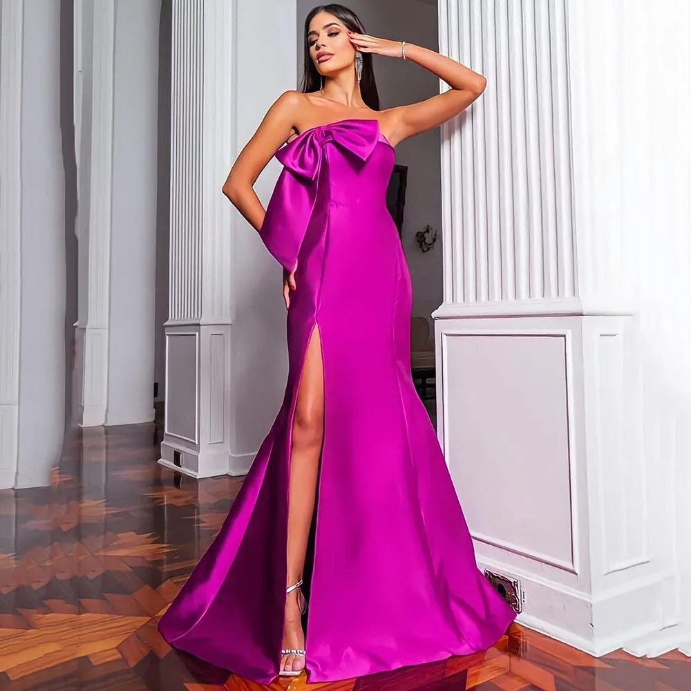 

Doymeny Long Saudi Arabia Purple Evening Dresses Bow Side Split Prom Dresses Dubai Mermaid Gala party Gowns vestidos de novia