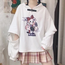 

Spring And Autumn New Japanese Soft Girl Broken Bear Print Detachable Two-Wear Length Hooded Loose Cartoon Thin Sweater Women
