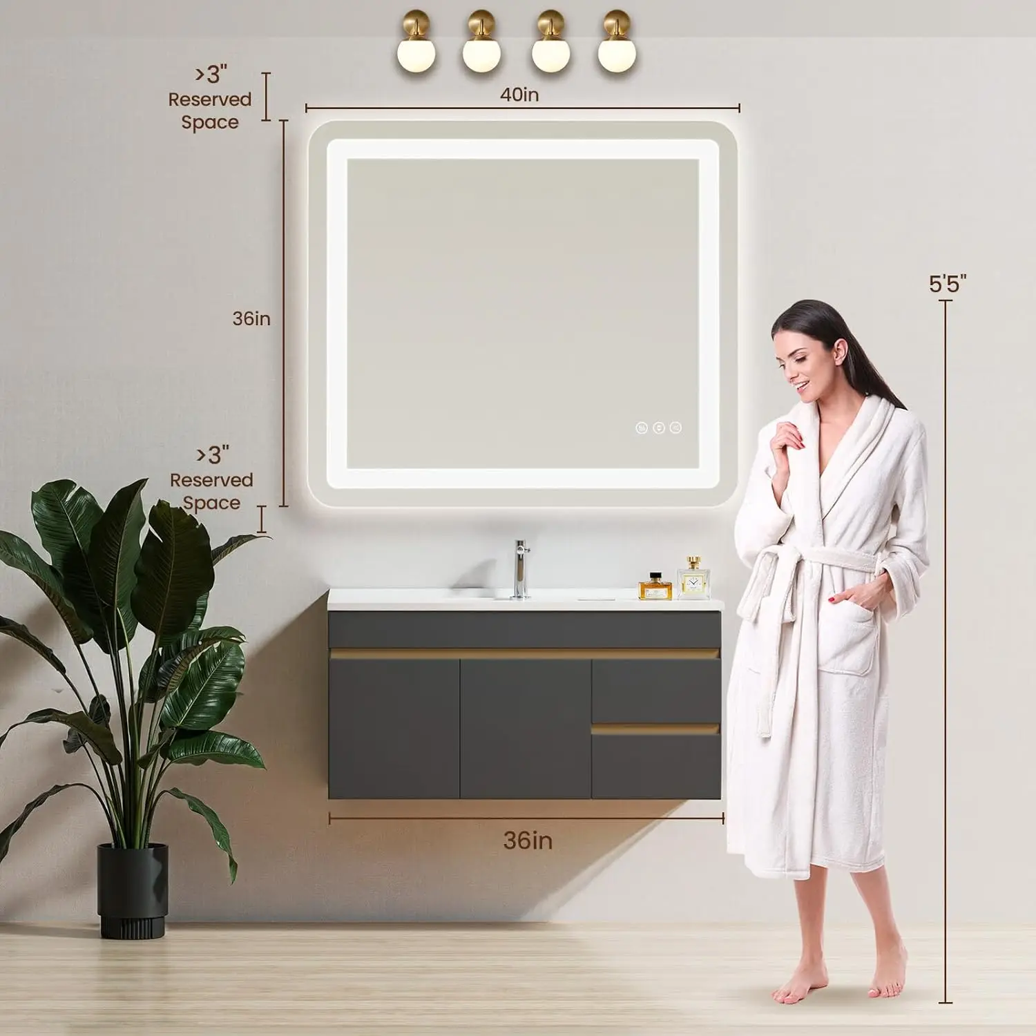 40" x 36" Led Bathroom Mirror with Lights, Anti-Fog & Tri-Color Lighting - Wall Mounted Shaving Mirror with Touch Sensor, Waterp