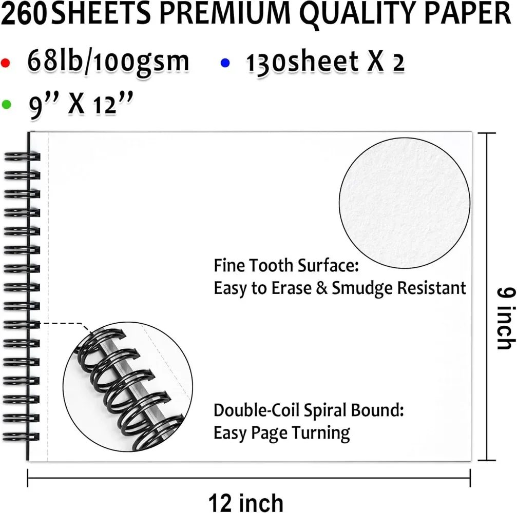 9"x12" sketchbook, 260 sheets (68 lb/100 g/m²) drawing pads, 2 packs, 130 sheets each, spiral bound sketchbook 3
