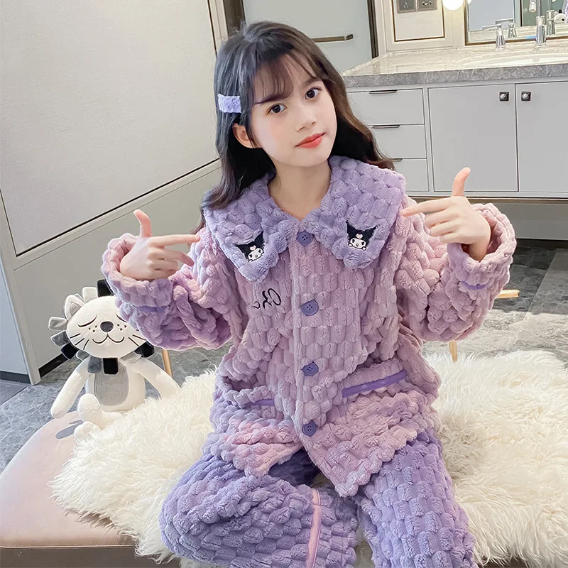 

Sanrio Kawaii Parenting PajamasKuromi Anime Cartoon Autumn and Winter New Flannel Casual Clothes Gift From Mother and Daughter