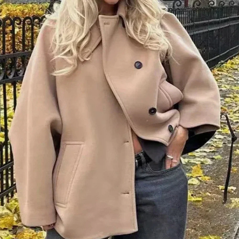 Womens Long Sleeve Woolen Blend Coat with Pocket