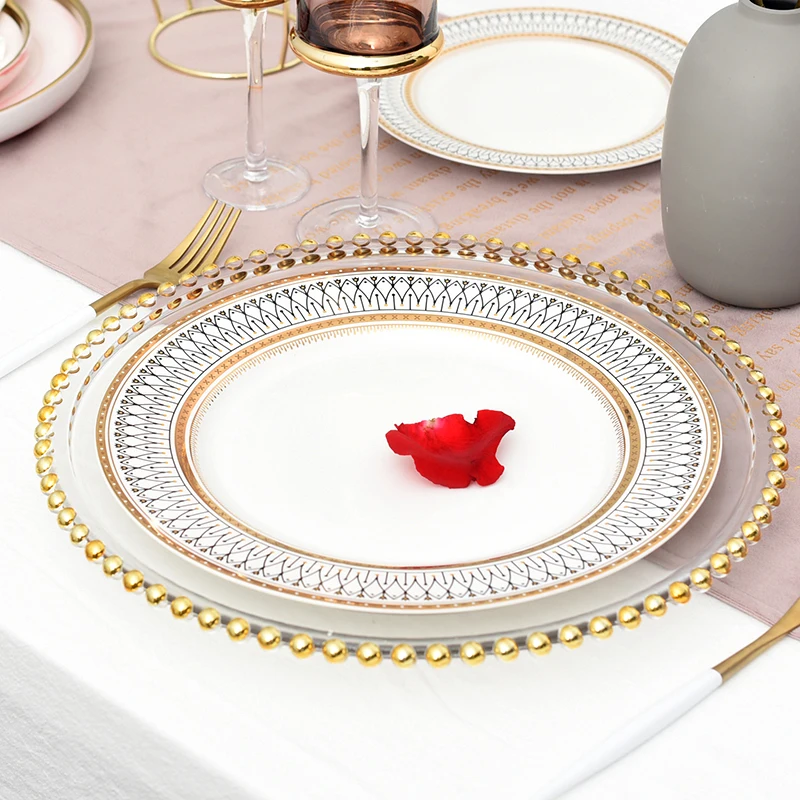 Nordic Gold Bead Glass Charger Plate for Dinner Decorative Salad Fruit Service Plate fruit plate plastic dinner plates For Wedding Party