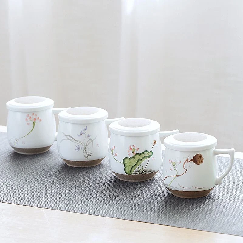 Chinese Style Ceramic Hand drawn lotus pattern Mugs, Home Personal Creative Teacup With Cover Filtered Tea Water Separation, 1Pc