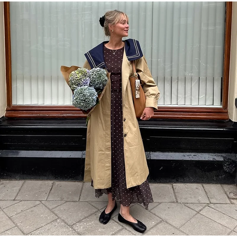 Damen-Trenchcoat im Khaki-Marine-Stil mit Gürtel, Patchwork-Reverskragen, volle Ärmel, langer Mantel, 2022, Herbst, Alltag, Freizeit-Oberbekleidung – Detail 6