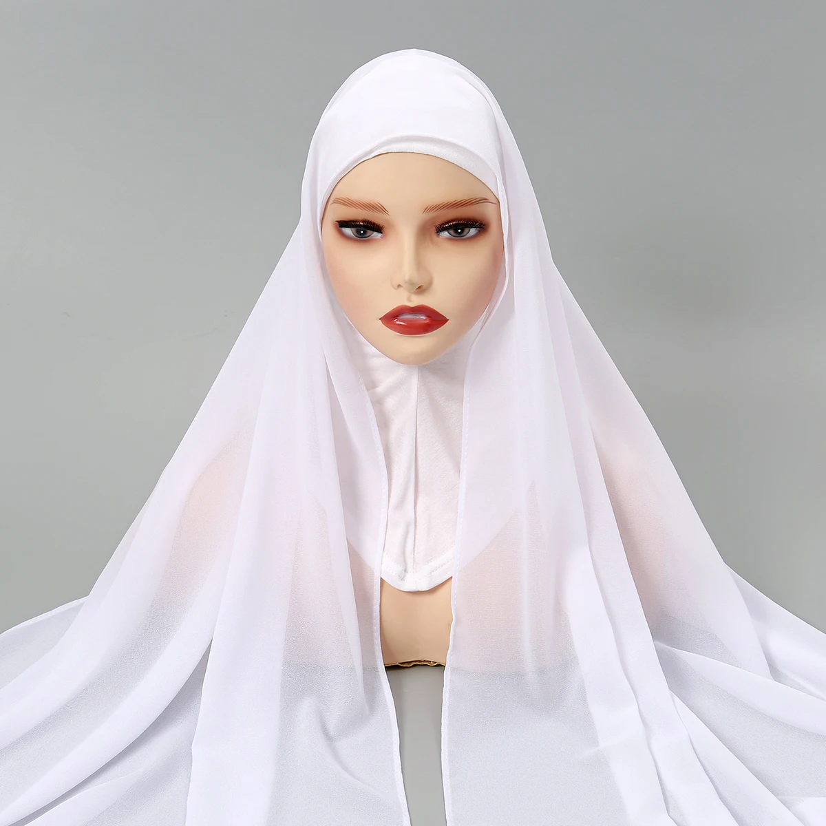 Muslimischer Instant-Chiffon-Hijab Ramadan Inneres Kopfband Damen-Kappe Bonnet Langer Schal mit Jersey-Unterkopftuch Nackenschutz Kopfbedeckung – Detail 6