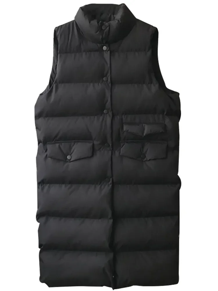 Autumn Winter Long Vest Women Cotton Sleeveless Jacket Korean Casual Solid Waistcoat Fashion Loose Warm Down Coat Veste Femme
