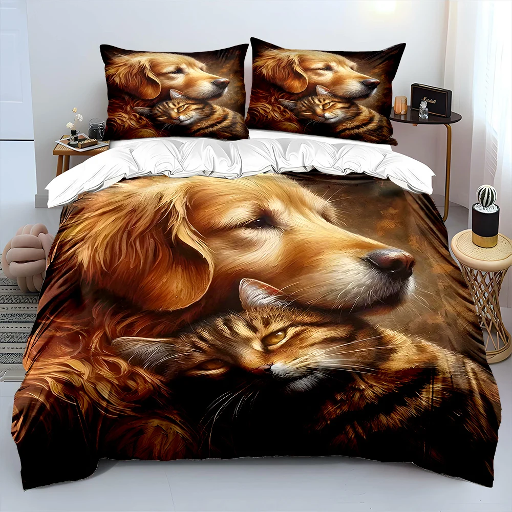 Warm dog and cat embrace painting Print Soft Comfortable Duvet Cover Bedding Set Included 1*Duvet Cover 2*Pillowcases 4