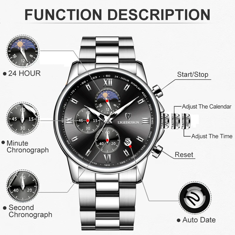 LIGE Sport Chronograph Quartz Wristwatch Original Brand Luxury Military Watches for Men Fashion Business Waterproof Watch Men