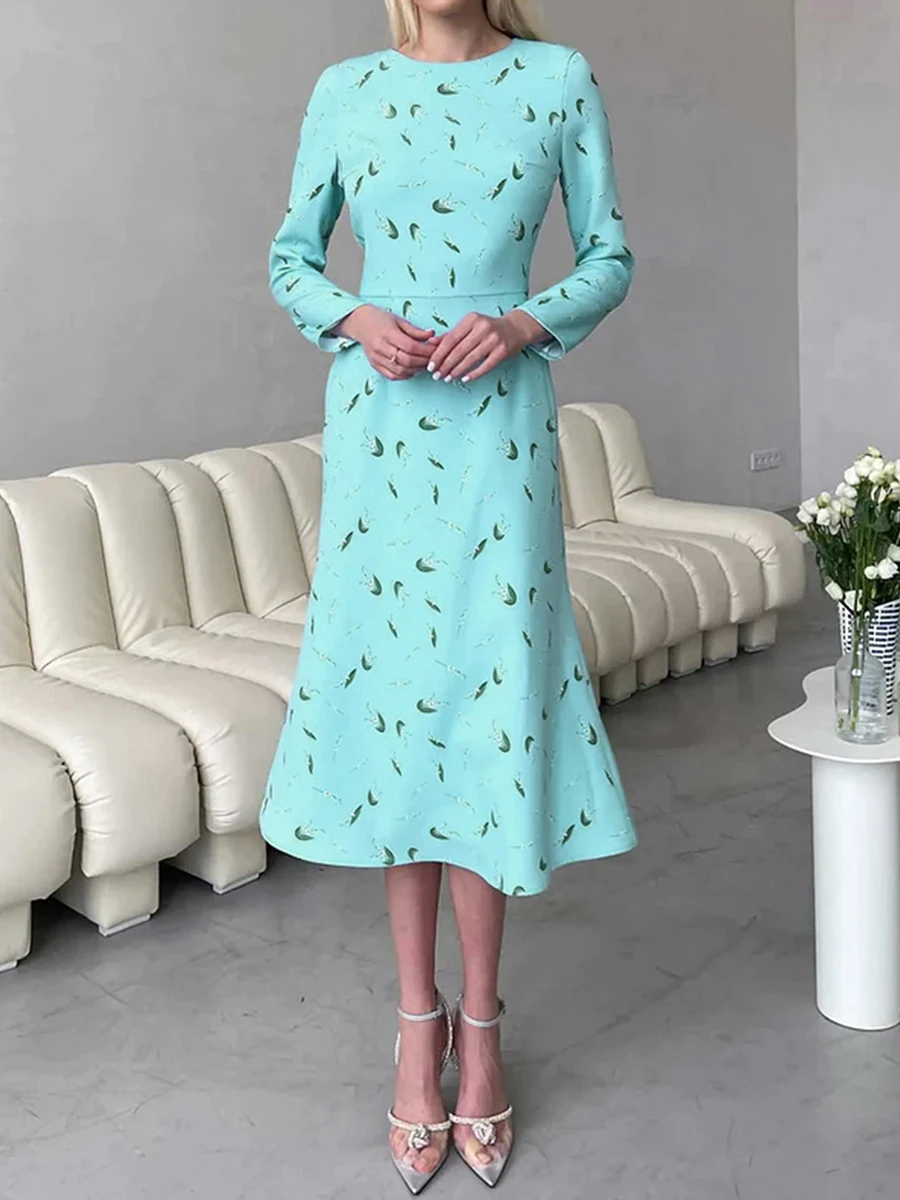 

New Fashion Women Midi Dress Elegant Long Sleeve Crew Neck Flower Print Casual Dress Fall Dress Club Street Style Hot Sale S M L