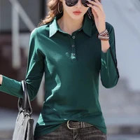 T-shirt à manches longues pour femme, station européenne, pur coton, col polo, haut décontracté, grande taille, léger, luxe, mode estivale, nouveau 2