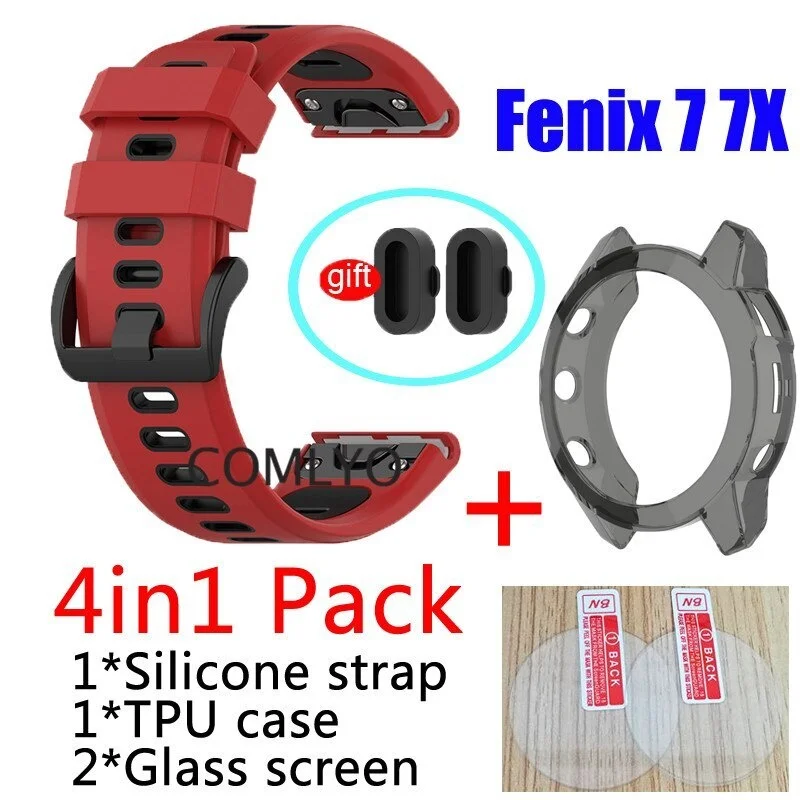 

4in1 Quick Release Band For Garmin Fenix 7X 7 EPIX GEN 2 Strap Silicone Smartwatch Case Cover Glass Screen Protector Film Plug