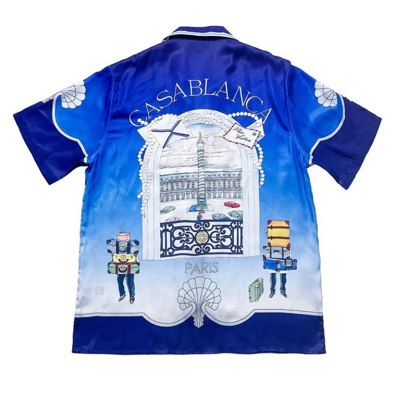 

23SS Blue Travel City Car Printing Casablanca T Shirt Men Women EU Size Cool Fabric Casablanca Top Tees Fashion Summer Techwear