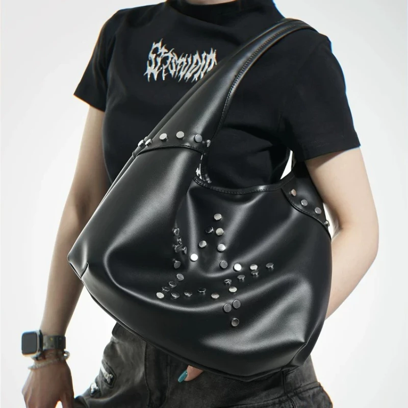 Borsa a Spalla Y2K con Borchie per Donna, Borsa Vintage Nera di Grande Capacità, Borsetta Cool e Trendy - immagine 3
