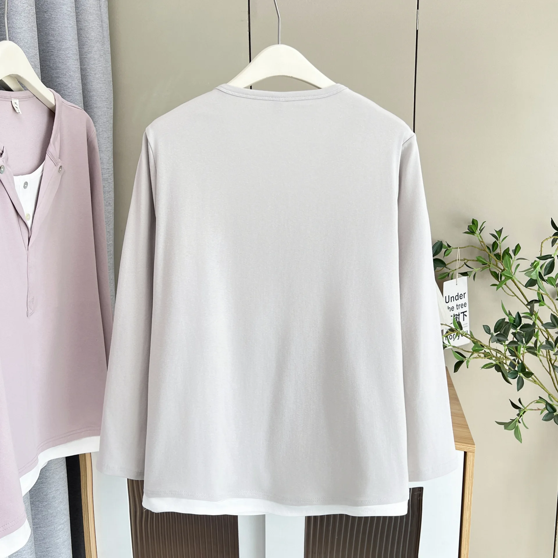 Fashion Plus Size Women's T-Shirt Autumn New Casual Style Fake Two Pieces Long Sleeve Stylish Tops 988