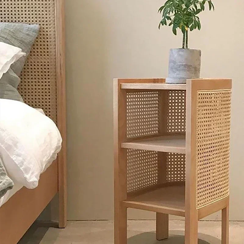 Nordic Double Layers Bedside Table Solid Wood Vine Weaving Storage Cabinet Bedroom Homestay Side Table Ins Modern Furniture