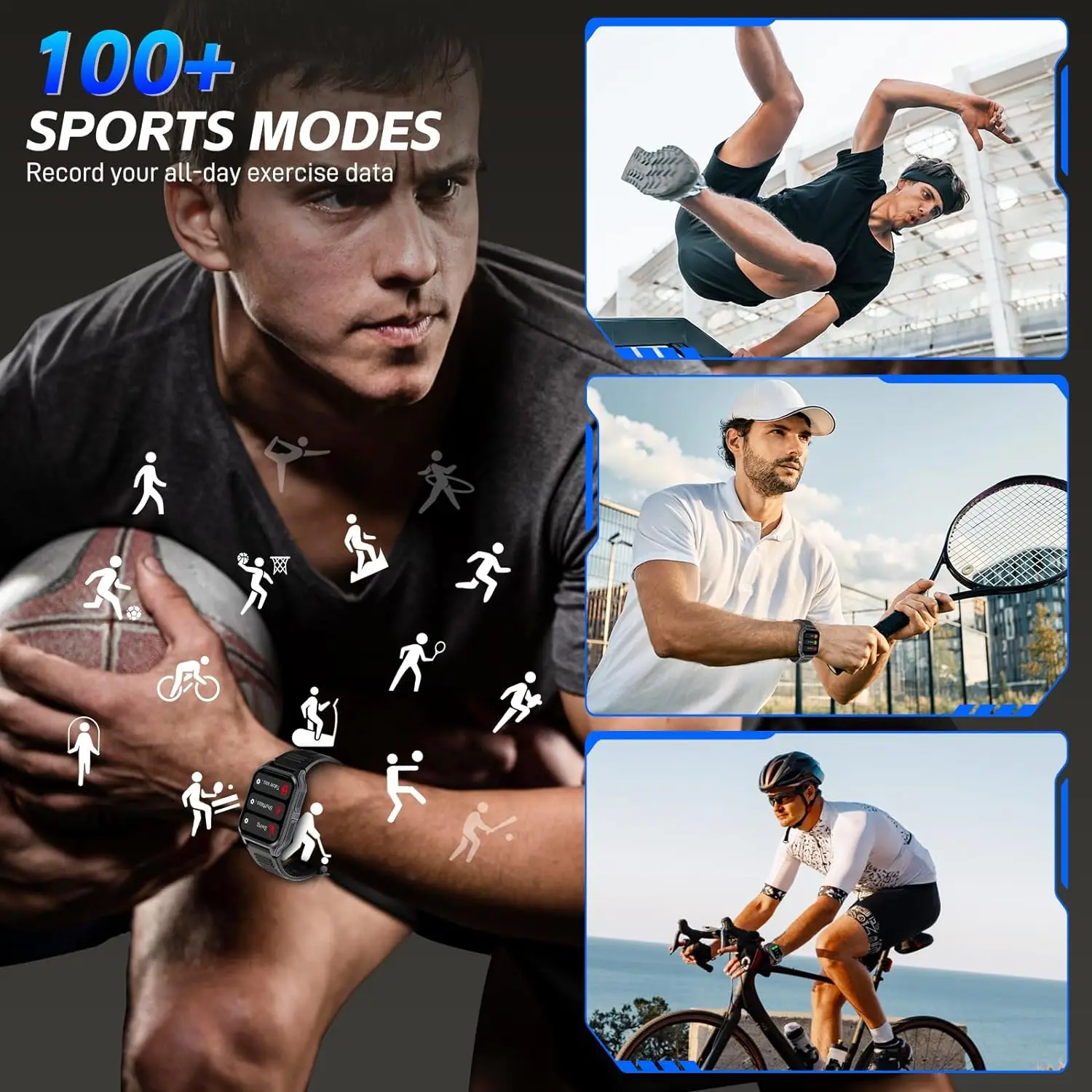 스마트 워치 100 + 스포츠 모드 지지대 블루투스 통화, 3ATM 방수 트래커, 심박수 추적기, 안드로이드 IOS용, 1.83 인치 화면