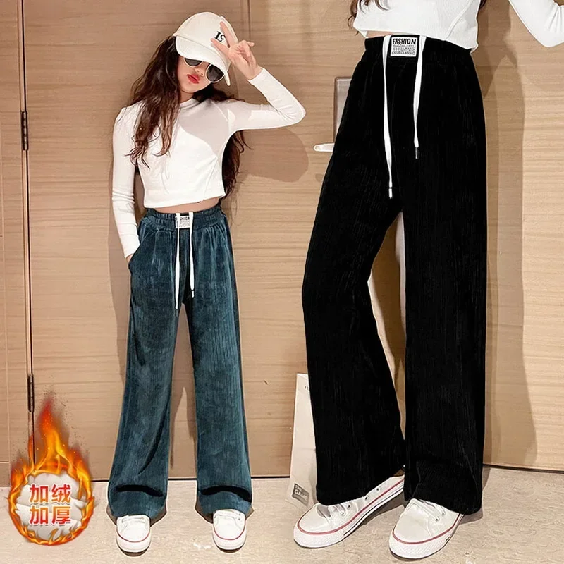 Winter Girls Casual Chenille Pants Loose Sport Fleece Warm Elastic Waist Wide Leg Pants for Kids School Children girls pants,kids pants,girls trousers