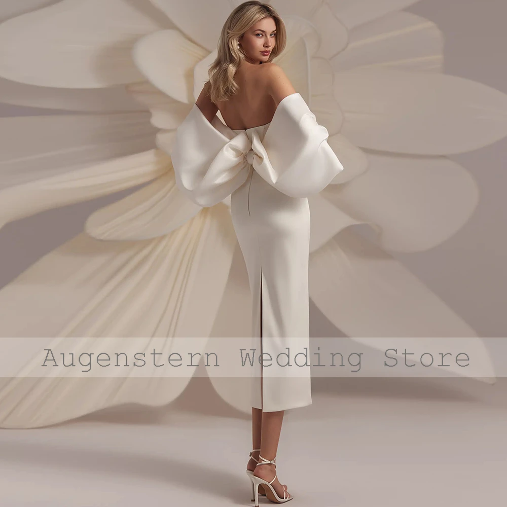 Anniversary Midi Wedding Dresses Ivory Satin Sheath Wedding Party Dresses Off the Shoulder Strapless Pleat Split Prom Gown 2026
