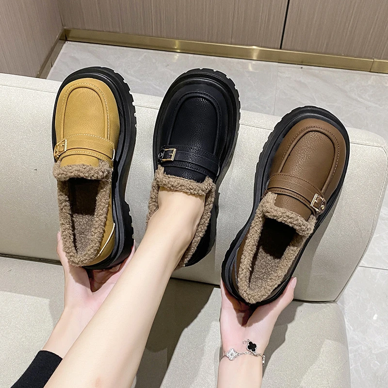 Zapatos de plataforma de gamuza para mujer, mocasines Retro cálidos de terciopelo, de gruesa, antideslizantes, de invierno, 2023| | -