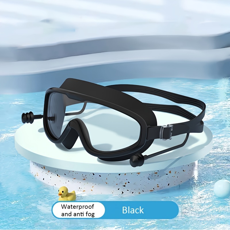 1pc High-Definition Anti-Fog Swim Goggles with Integrated Ear Plugs,Large Frame PC Material, Adult Swim Glasses, Black
