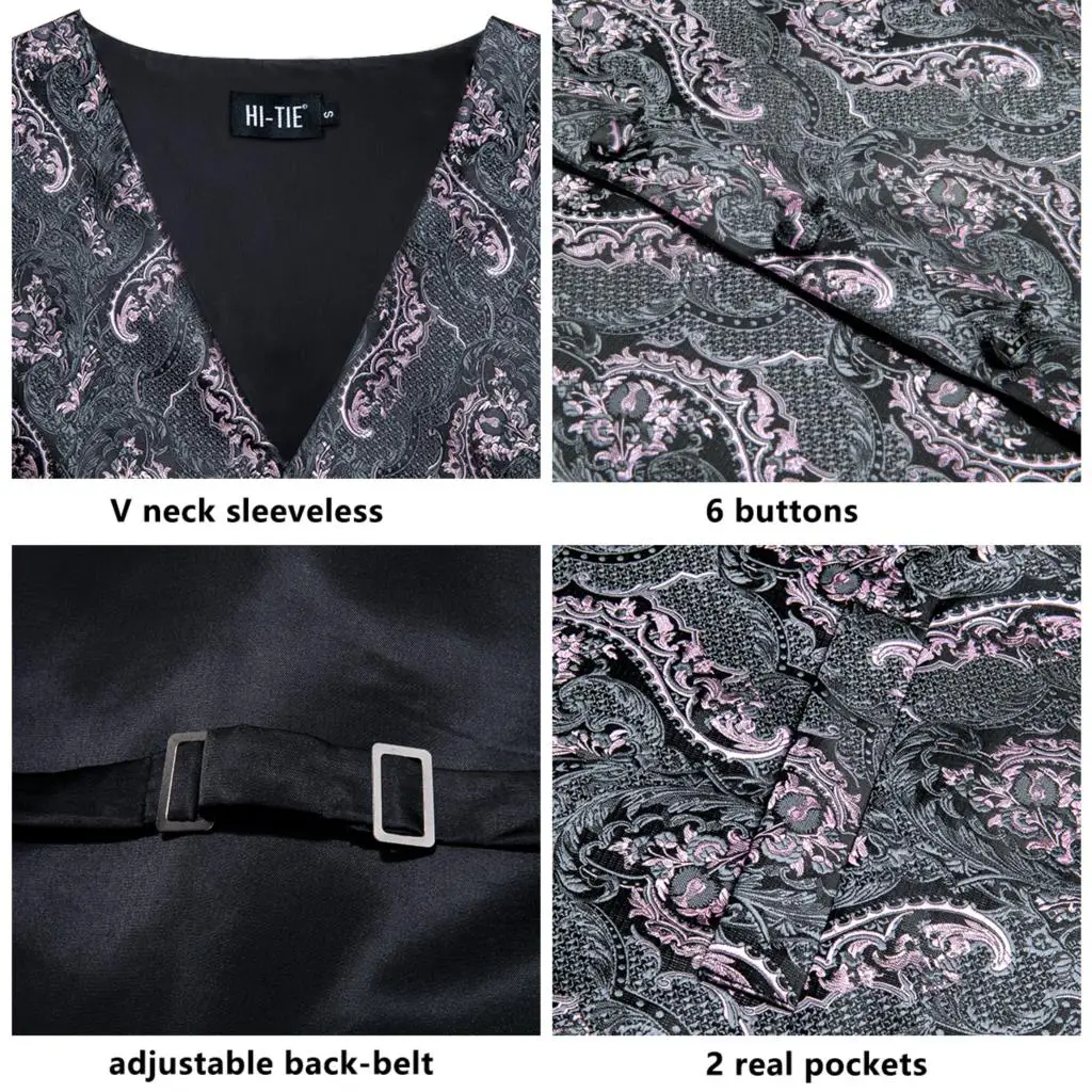 Dress Vests Silk Mens Vests Pink Gray Floral Waistcoat Tie Hanky Cufflinks Brooch Set for Men Suit Wedding Office Gift
