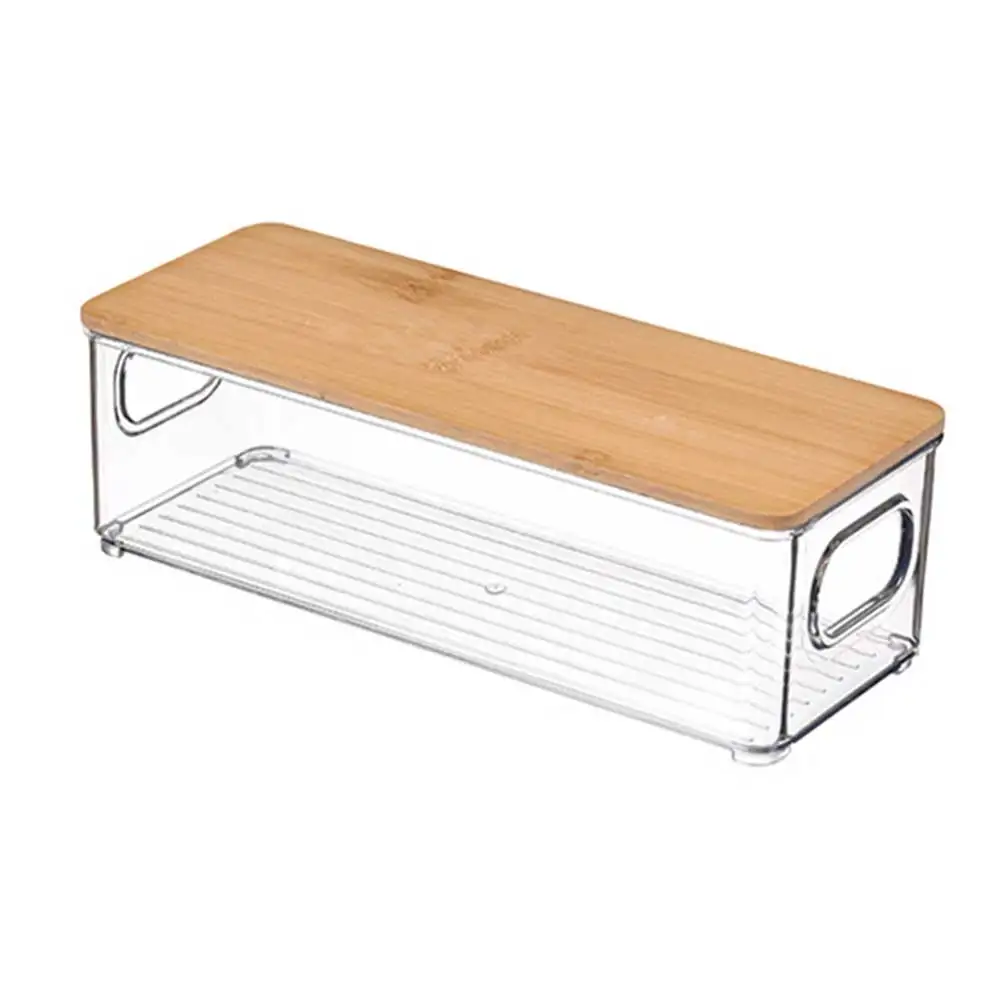 Clear Plastic Office Supplies Storage Container Stackable Desk Organizer with Bamboo Lid for Bathroom Cabinet Desk Organization 3