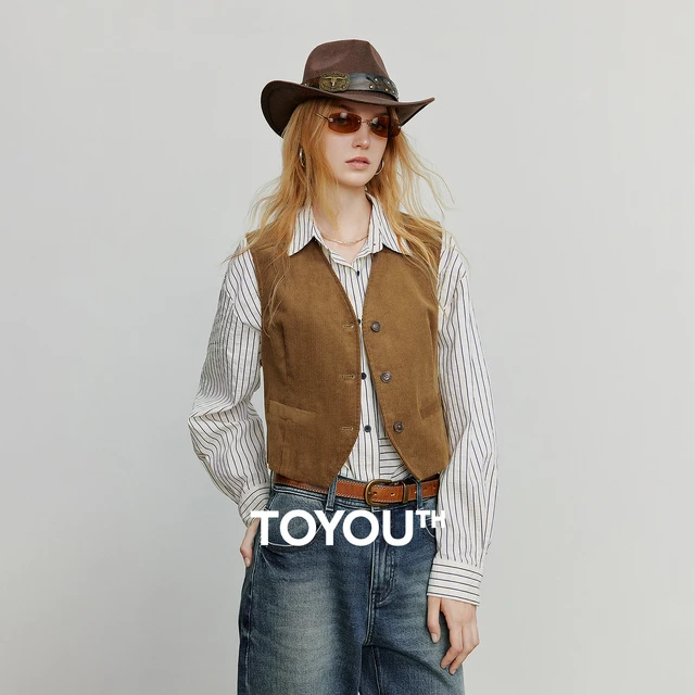 TOYOUTH femmes veste sans manches 2025 automne nouveau rétro vieux argent velours côtelé taille mince débardeur court 1