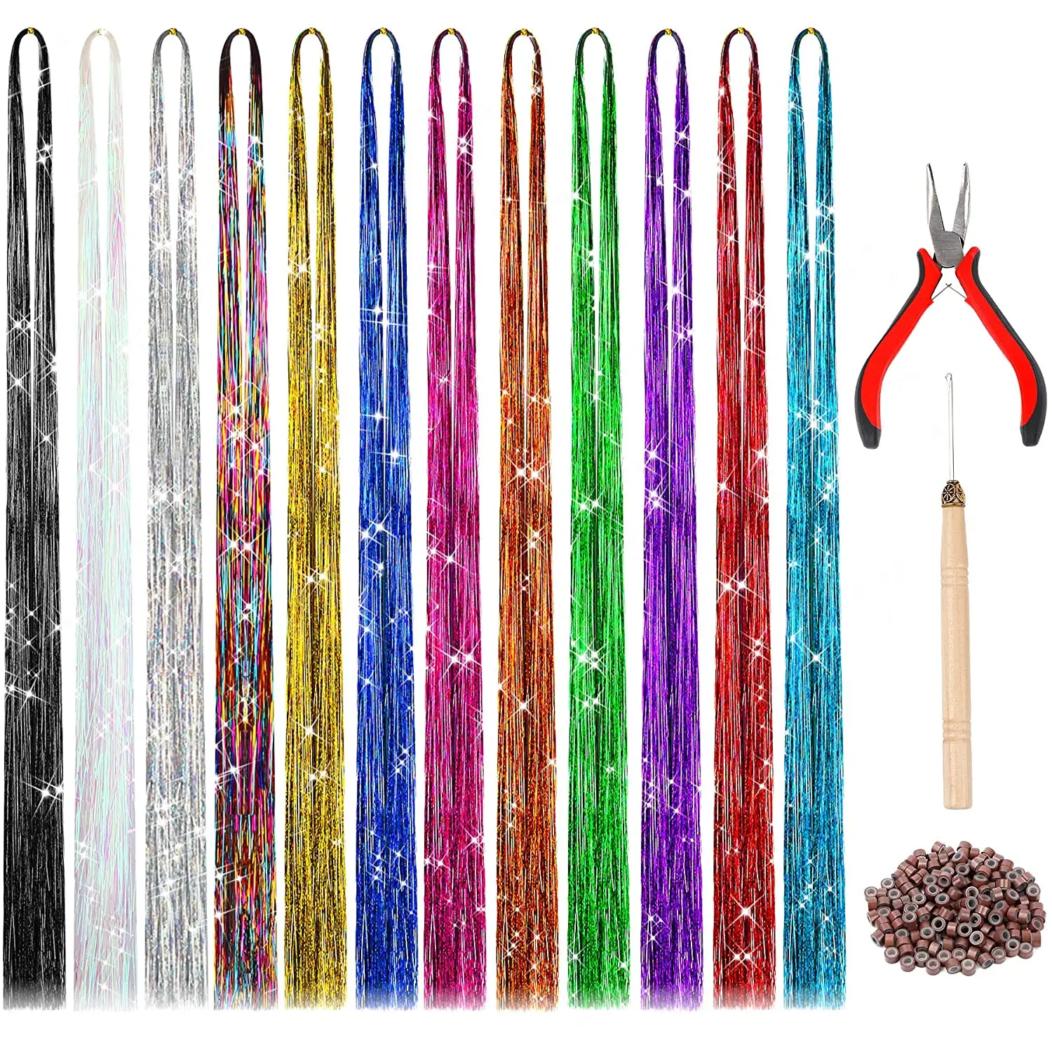 47 Inches Tinsel Hair Extensions Kit with Tool 12 Mixed Colors 2400 Strands  Glitter Sparkle Shiny Hairs Braider for Women Girls