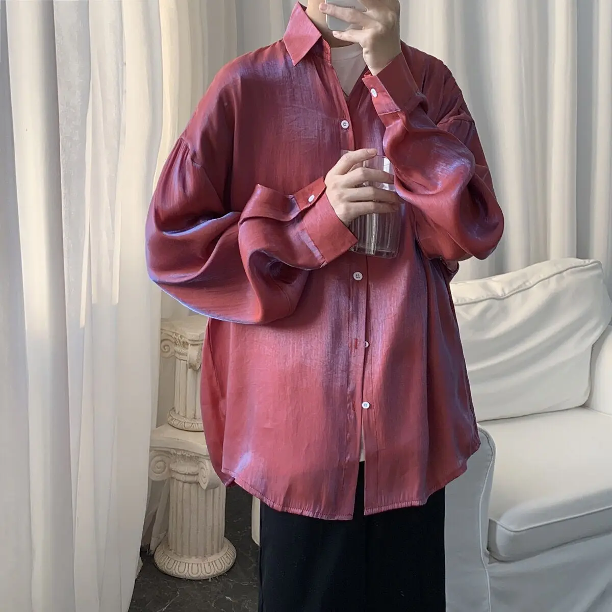 Reflect Holographic Men Satin Silk Blouse Night Club Party Shirts Male Casual Punk Singer Tops Spring Summer Man Blouse Oversize